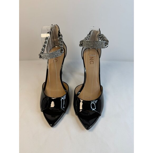 INC Jerloni Womens Size 8.5 Black Patent Chunky Chain Ankle Strap High Heel - Picture 2 of 14